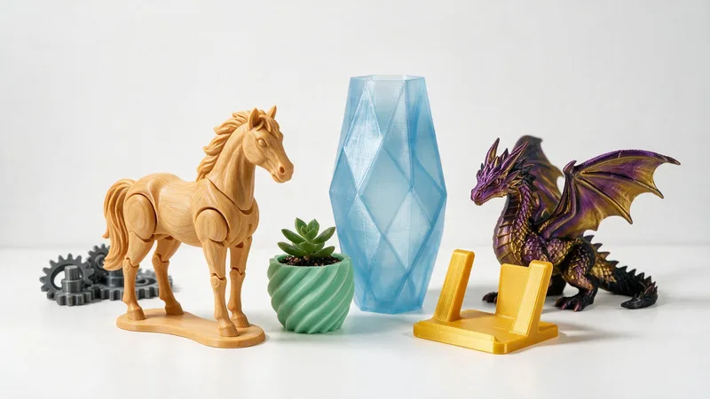 Colección de piezas impresas en 3D en distintos colores y acabados