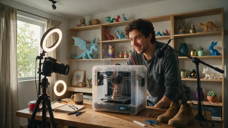 Estudio de un creador con impresora 3D y estantes de figuras impresas de colores