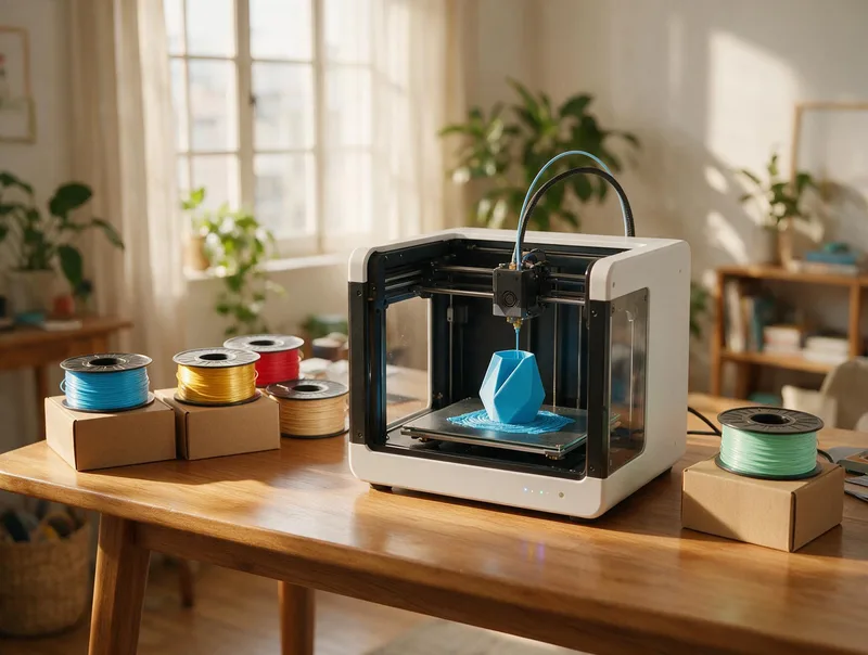 Impresora 3D trabajando en un escritorio de hogar, con bobinas de filamento de colores al lado