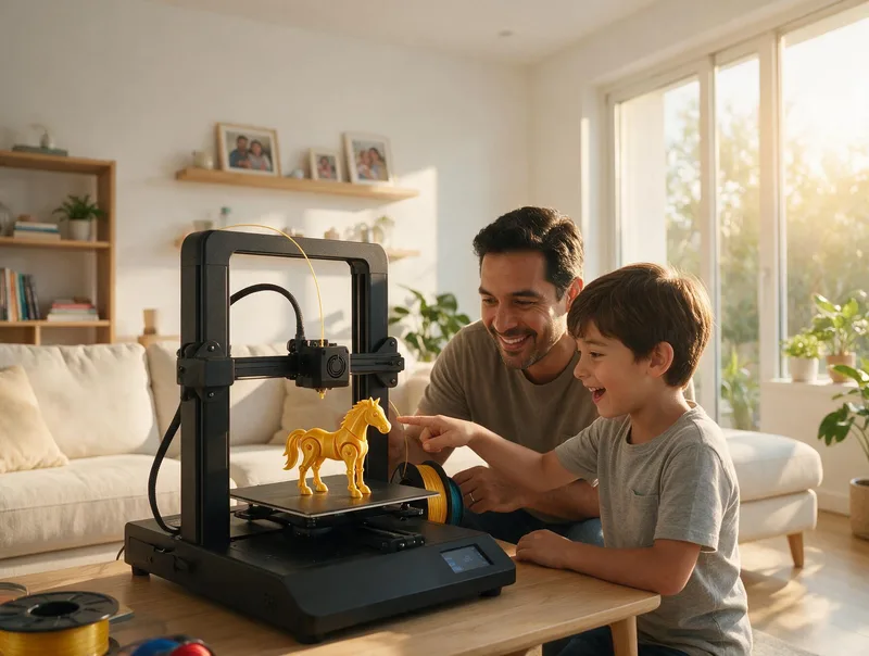 Padre e hijo viendo una impresora 3D terminar un juguete en la sala de su casa